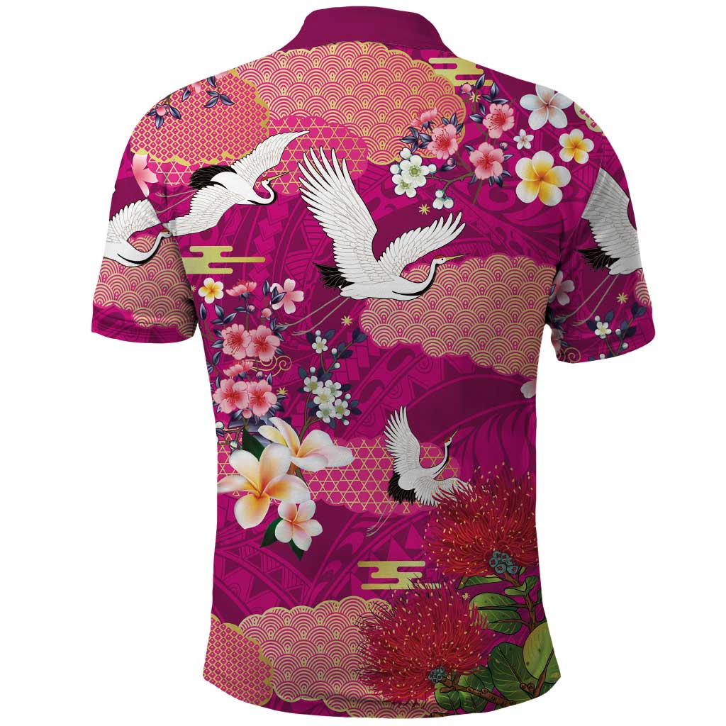 Hawaiian and Japanese Culture Together Polo Shirt Pink Ohia Lehua Plumeria and Sakura Blooming - Polynesian Pride