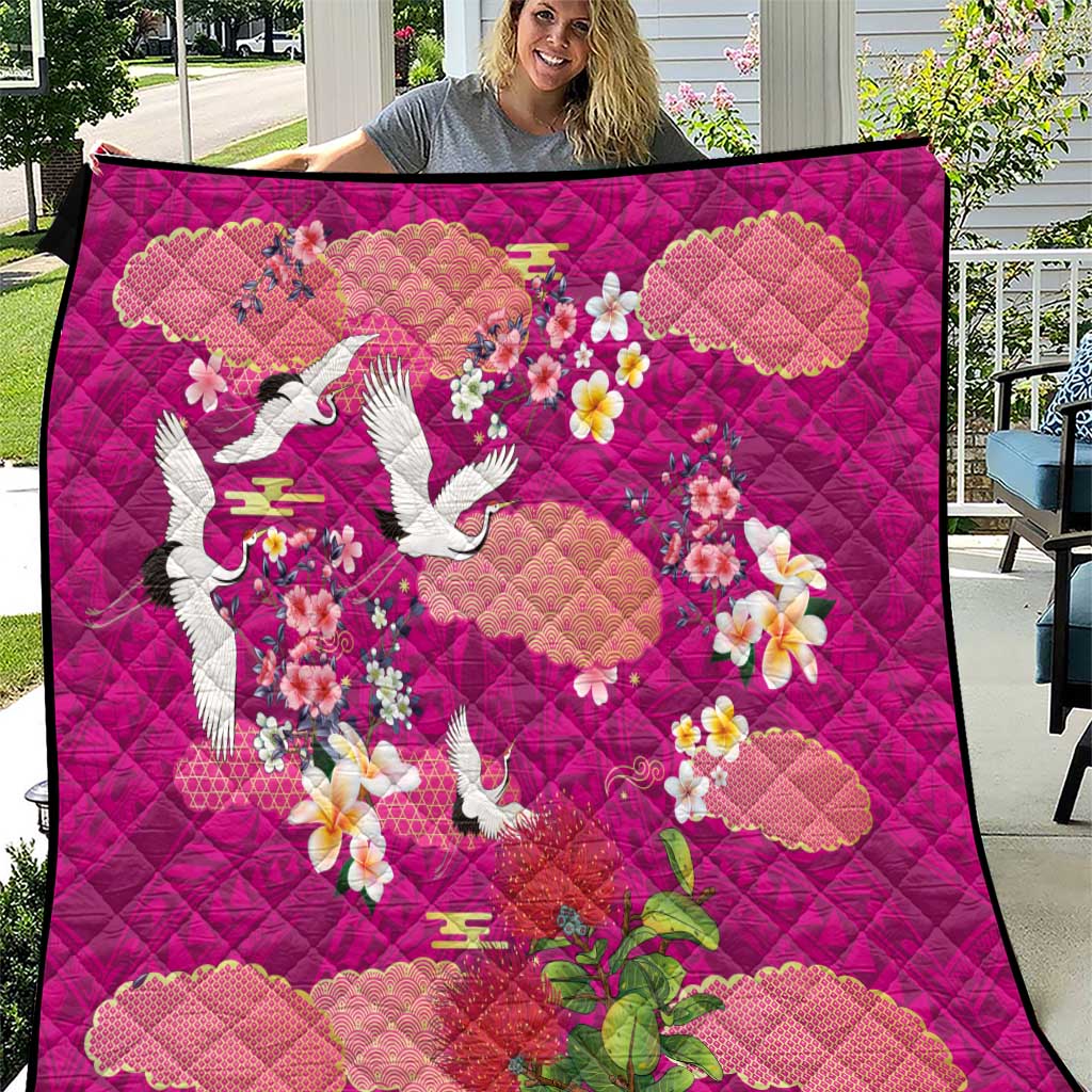 Hawaiian and Japanese Culture Together Quilt Pink Ohia Lehua Plumeria and Sakura Blooming - Polynesian Pride