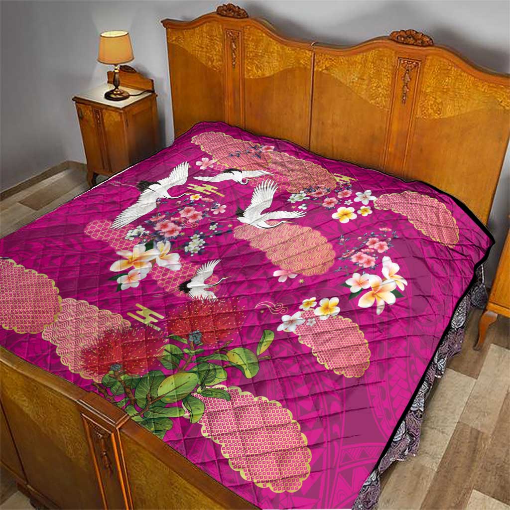 Hawaiian and Japanese Culture Together Quilt Pink Ohia Lehua Plumeria and Sakura Blooming - Polynesian Pride