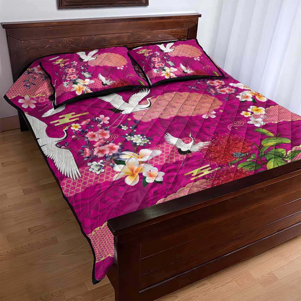 Hawaiian and Japanese Culture Together Quilt Bed Set Pink Ohia Lehua Plumeria and Sakura Blooming - Polynesian Pride