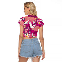 Hawaiian and Japanese Culture Together Raglan Cropped T Shirt Pink Ohia Lehua Plumeria and Sakura Blooming - Polynesian Pride