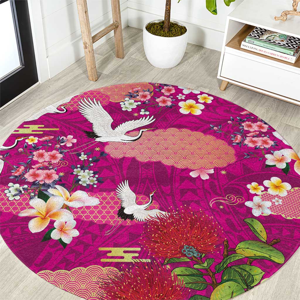 Hawaiian and Japanese Culture Together Round Carpet Pink Ohia Lehua Plumeria and Sakura Blooming - Polynesian Pride