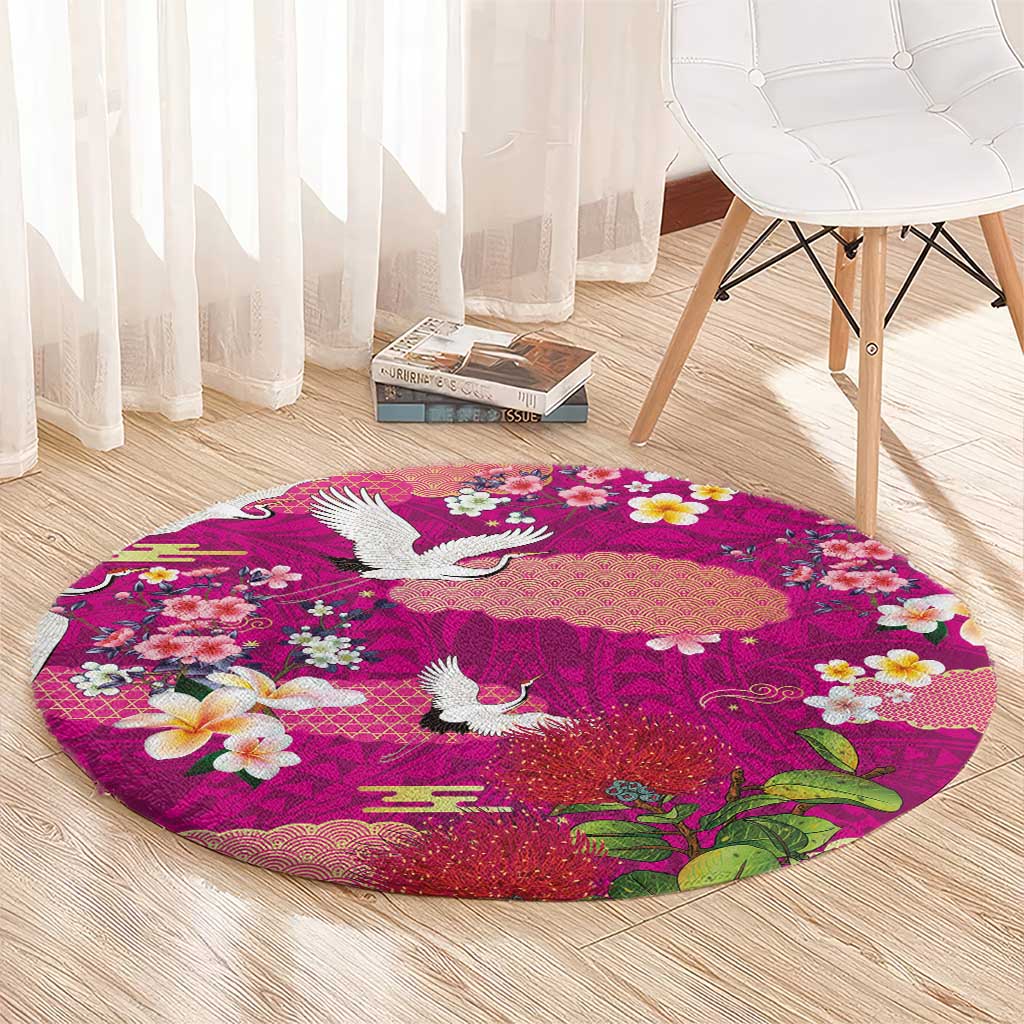 Hawaiian and Japanese Culture Together Round Carpet Pink Ohia Lehua Plumeria and Sakura Blooming - Polynesian Pride