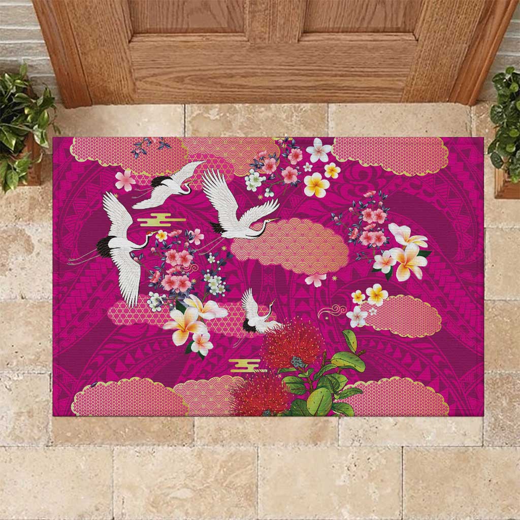 Hawaiian and Japanese Culture Together Rubber Doormat Pink Ohia Lehua Plumeria and Sakura Blooming - Polynesian Pride