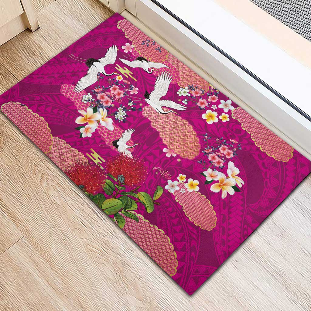 Hawaiian and Japanese Culture Together Rubber Doormat Pink Ohia Lehua Plumeria and Sakura Blooming - Polynesian Pride