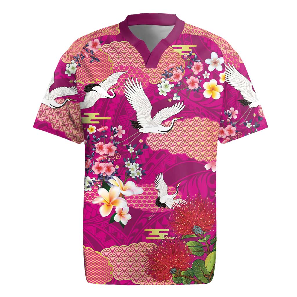 Hawaiian and Japanese Culture Together Rugby Jersey Pink Ohia Lehua Plumeria and Sakura Blooming - Polynesian Pride
