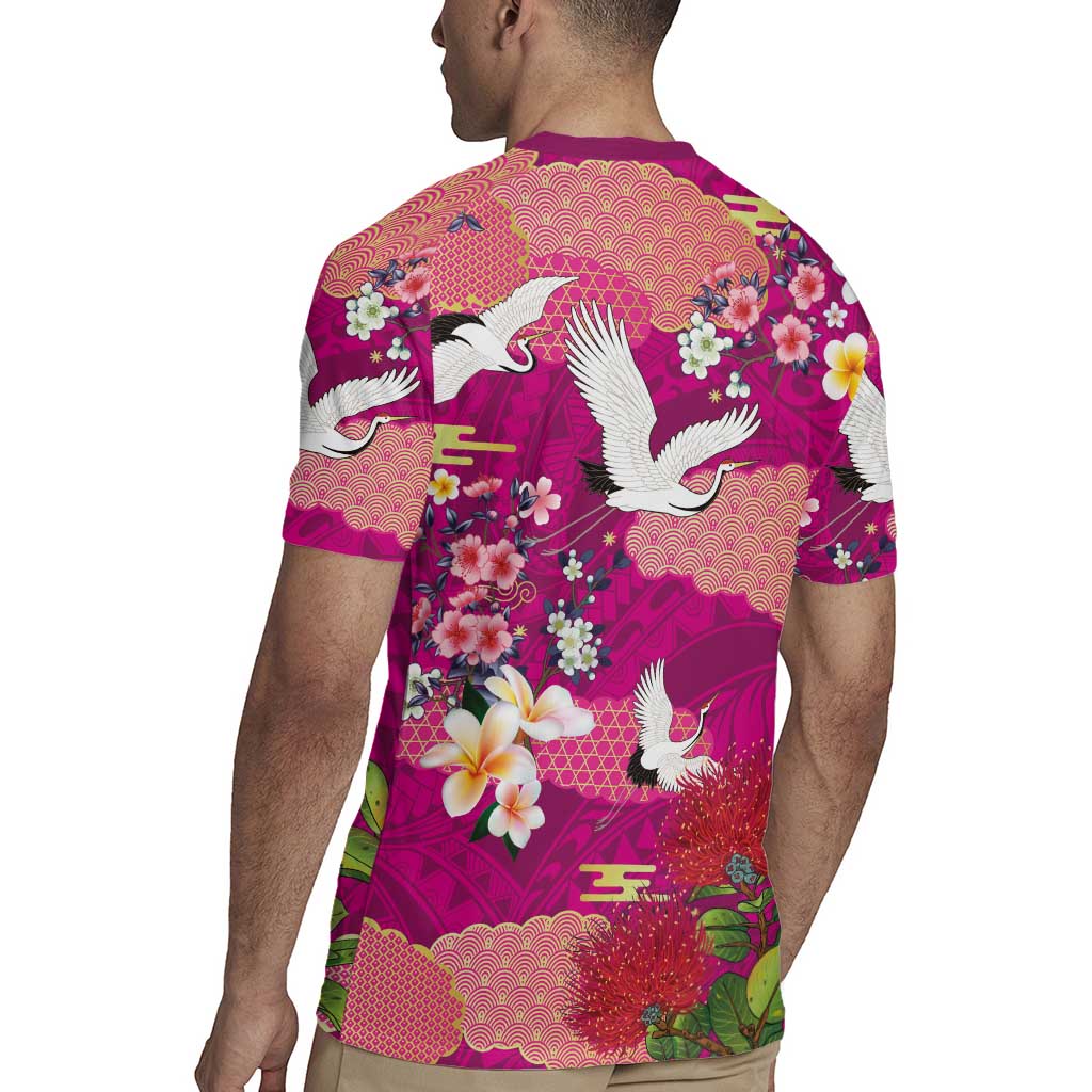 Hawaiian and Japanese Culture Together Rugby Jersey Pink Ohia Lehua Plumeria and Sakura Blooming - Polynesian Pride