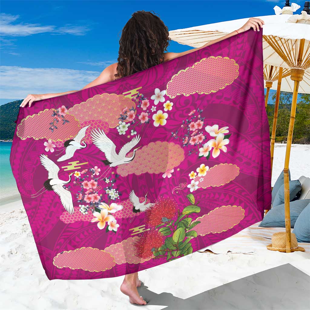 Hawaiian and Japanese Culture Together Sarong Pink Ohia Lehua Plumeria and Sakura Blooming - Polynesian Pride