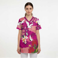 Hawaiian and Japanese Culture Together Scrub Top Pink Ohia Lehua Plumeria and Sakura Blooming - Polynesian Pride