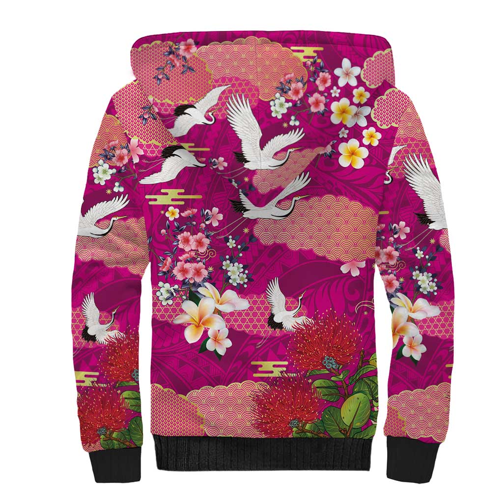 Hawaiian and Japanese Culture Together Sherpa Hoodie Pink Ohia Lehua Plumeria and Sakura Blooming LT03 - Polynesian Pride