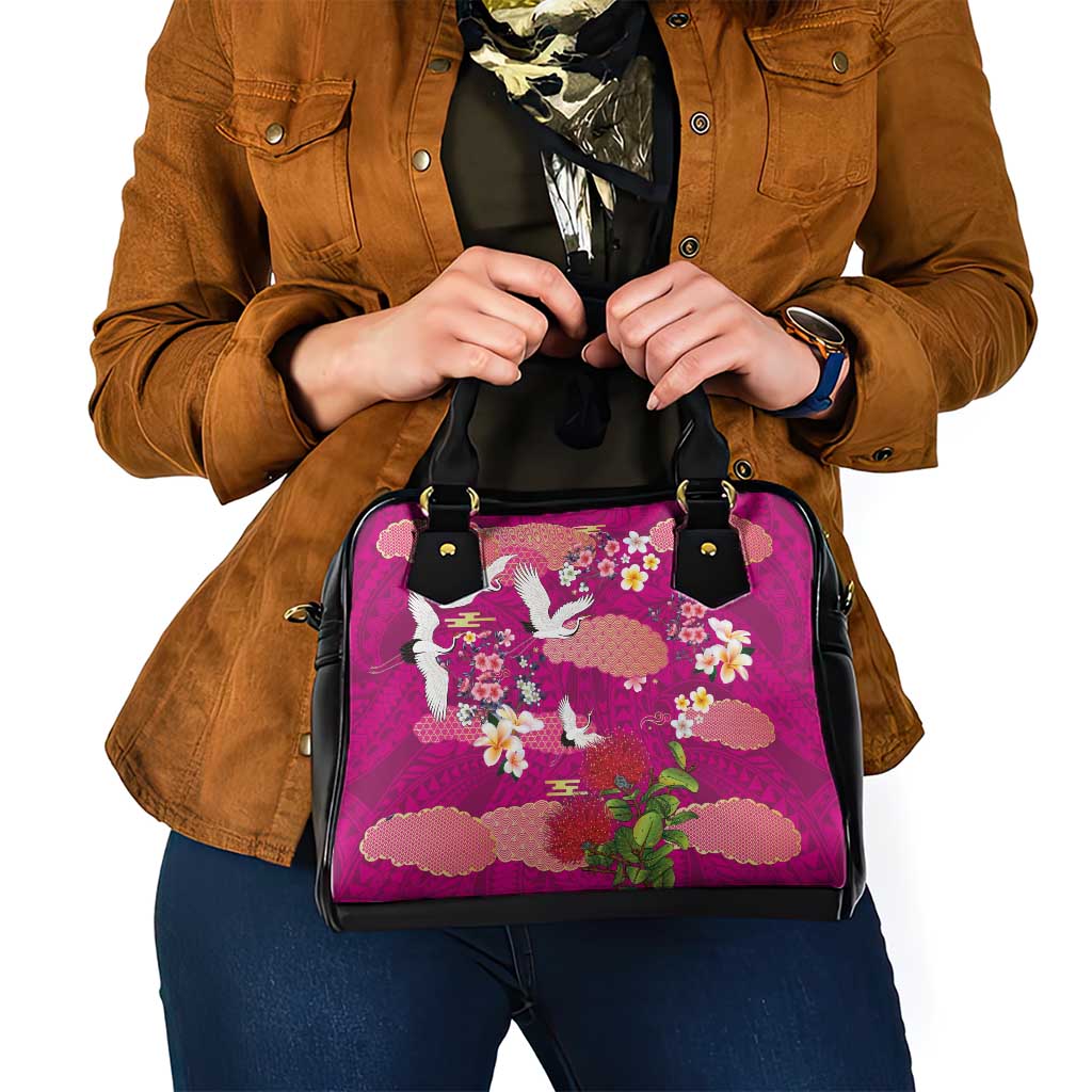 Hawaiian and Japanese Culture Together Shoulder Handbag Pink Ohia Lehua Plumeria and Sakura Blooming - Polynesian Pride