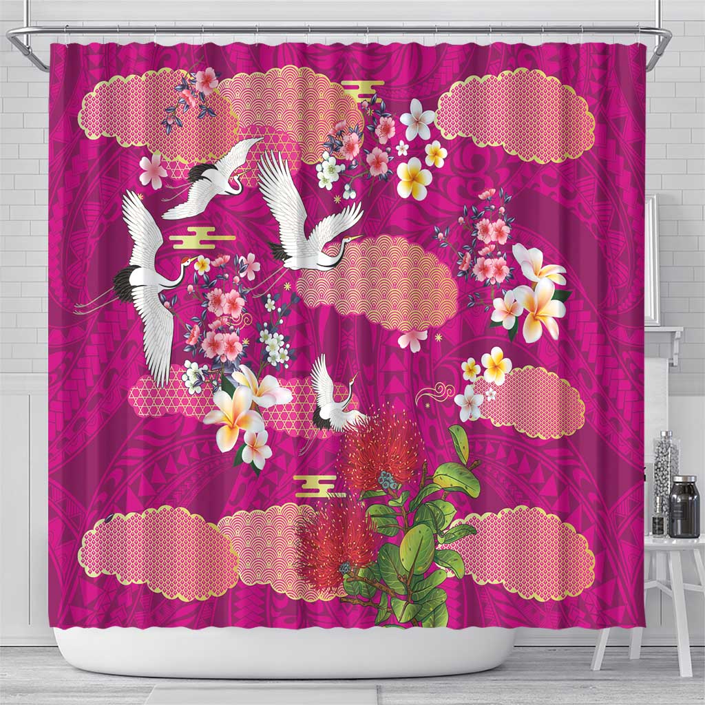 Hawaiian and Japanese Culture Together Shower Curtain Pink Ohia Lehua Plumeria and Sakura Blooming - Polynesian Pride