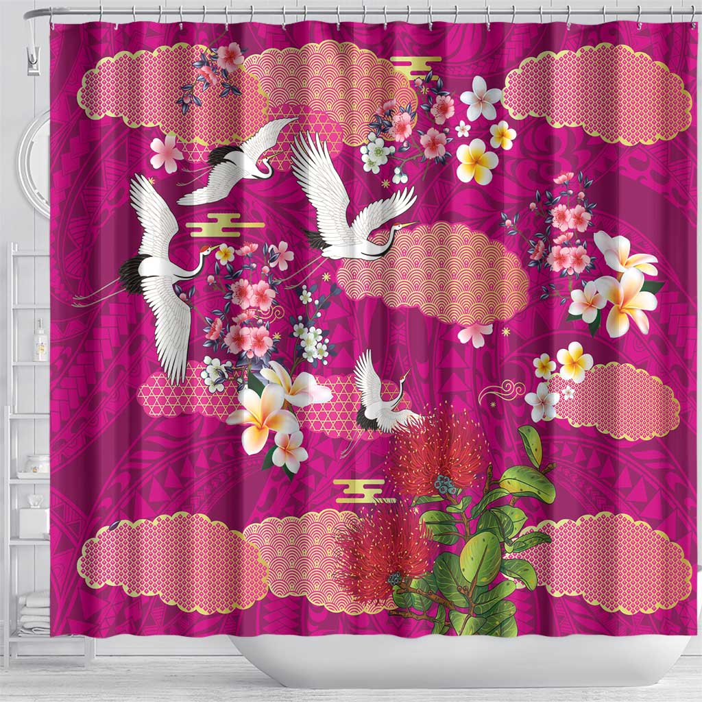 Hawaiian and Japanese Culture Together Shower Curtain Pink Ohia Lehua Plumeria and Sakura Blooming - Polynesian Pride
