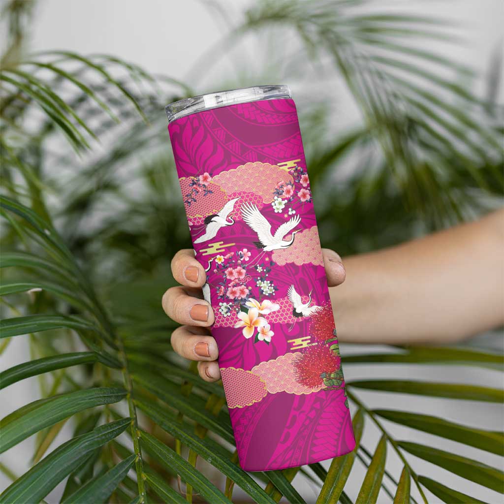 Hawaiian and Japanese Culture Together Skinny Tumbler Pink Ohia Lehua Plumeria and Sakura Blooming - Polynesian Pride