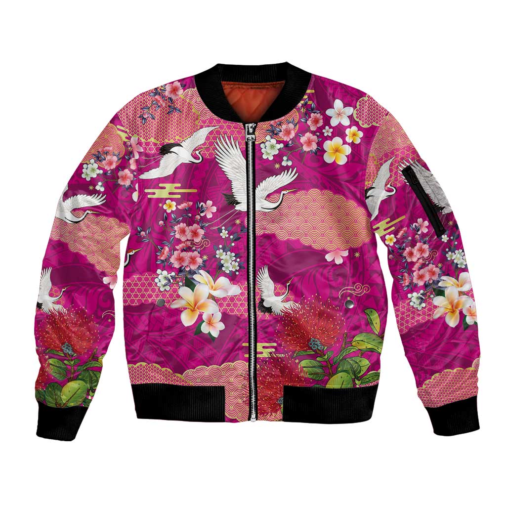 Hawaiian and Japanese Culture Together Sleeve Zip Bomber Jacket Pink Ohia Lehua Plumeria and Sakura Blooming - Polynesian Pride