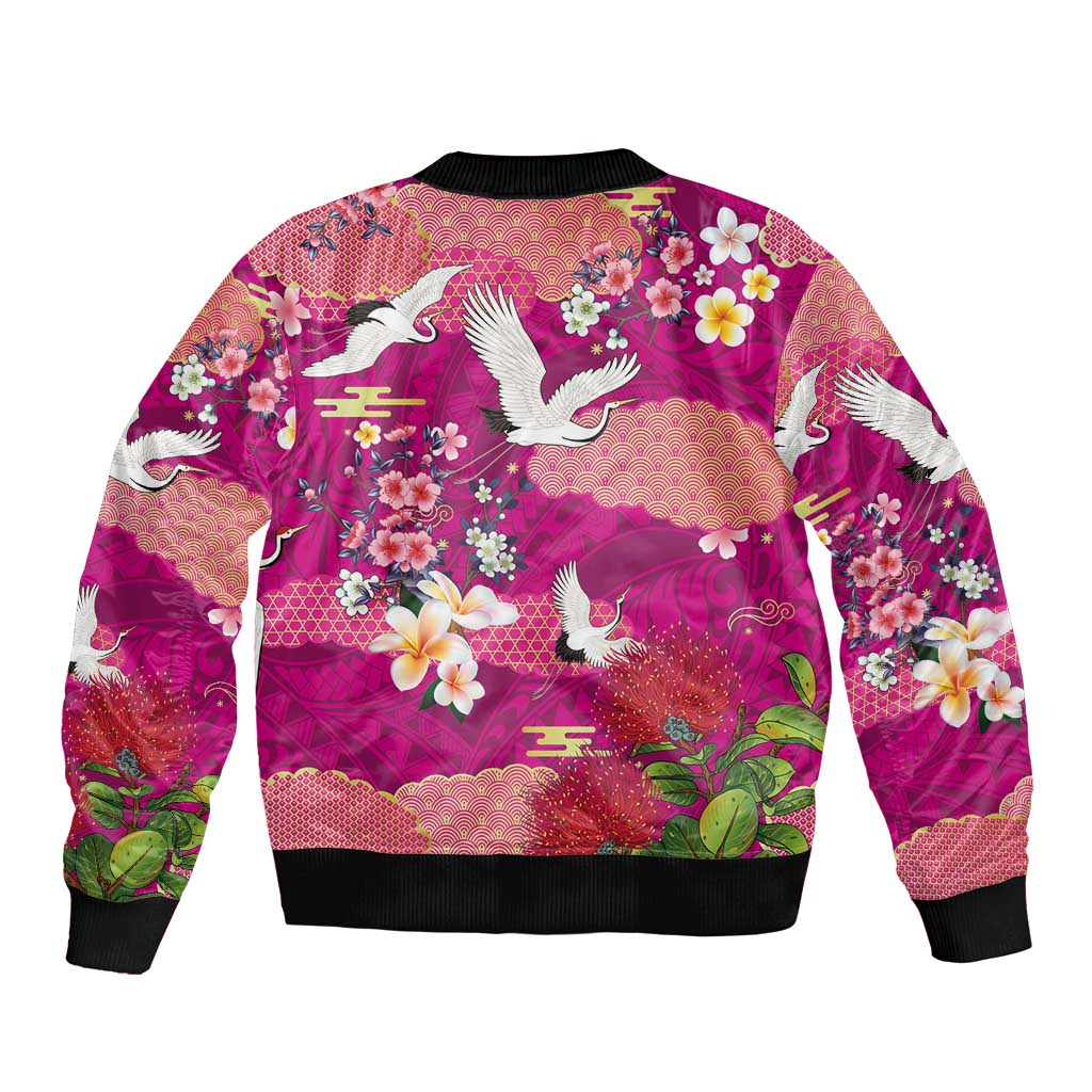 Hawaiian and Japanese Culture Together Sleeve Zip Bomber Jacket Pink Ohia Lehua Plumeria and Sakura Blooming - Polynesian Pride