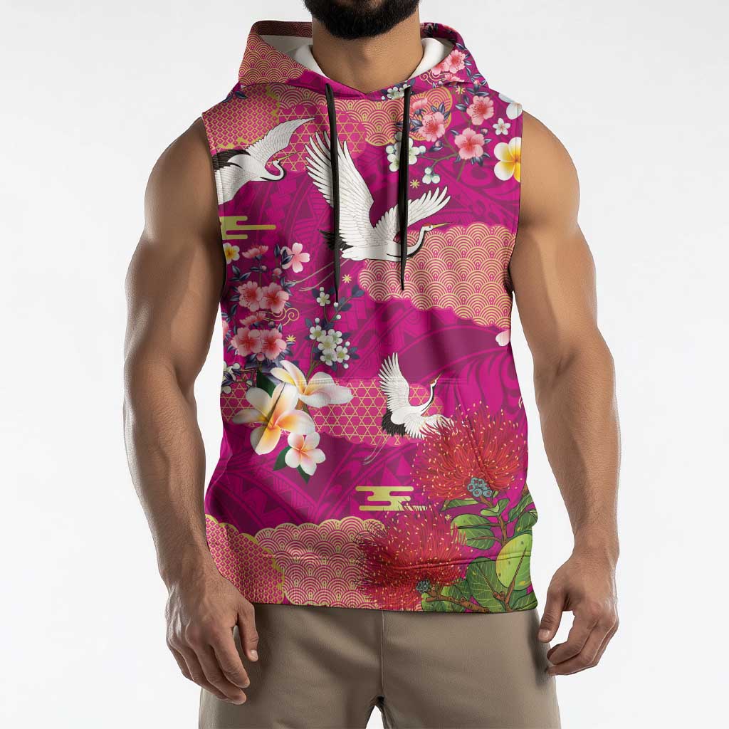 Hawaiian and Japanese Culture Together Sleeveless Hoodie Pink Ohia Lehua Plumeria and Sakura Blooming - Polynesian Pride