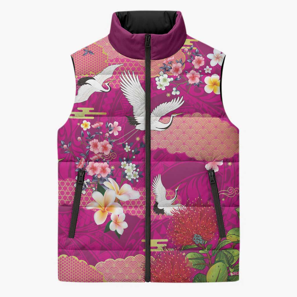Hawaiian and Japanese Culture Together Sleeveless Puffer Jacket Pink Ohia Lehua Plumeria and Sakura Blooming - Polynesian Pride
