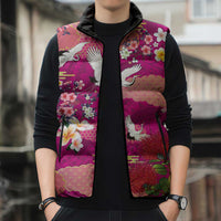 Hawaiian and Japanese Culture Together Sleeveless Puffer Jacket Pink Ohia Lehua Plumeria and Sakura Blooming - Polynesian Pride
