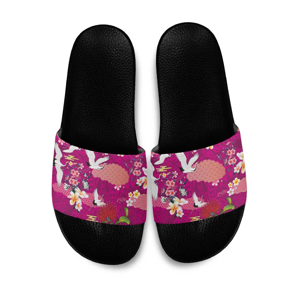 Hawaiian and Japanese Culture Together Slide Sandals Pink Ohia Lehua Plumeria and Sakura Blooming - Polynesian Pride