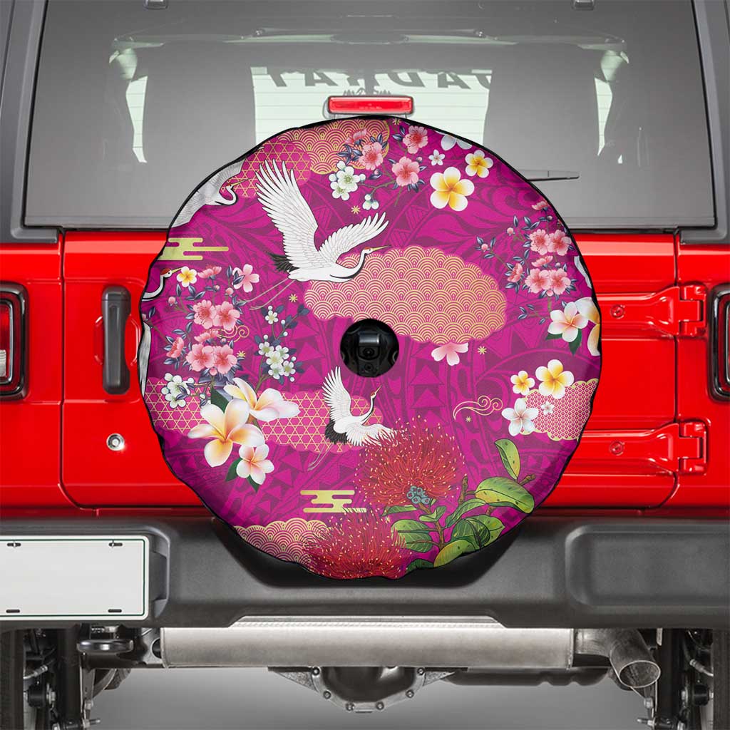 Hawaiian and Japanese Culture Together Spare Tire Cover Pink Ohia Lehua Plumeria and Sakura Blooming - Polynesian Pride