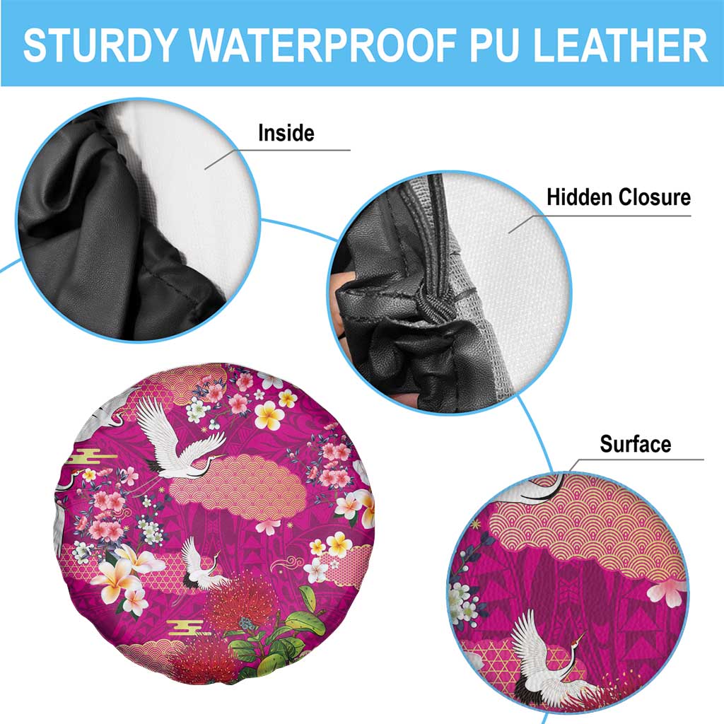 Hawaiian and Japanese Culture Together Spare Tire Cover Pink Ohia Lehua Plumeria and Sakura Blooming - Polynesian Pride