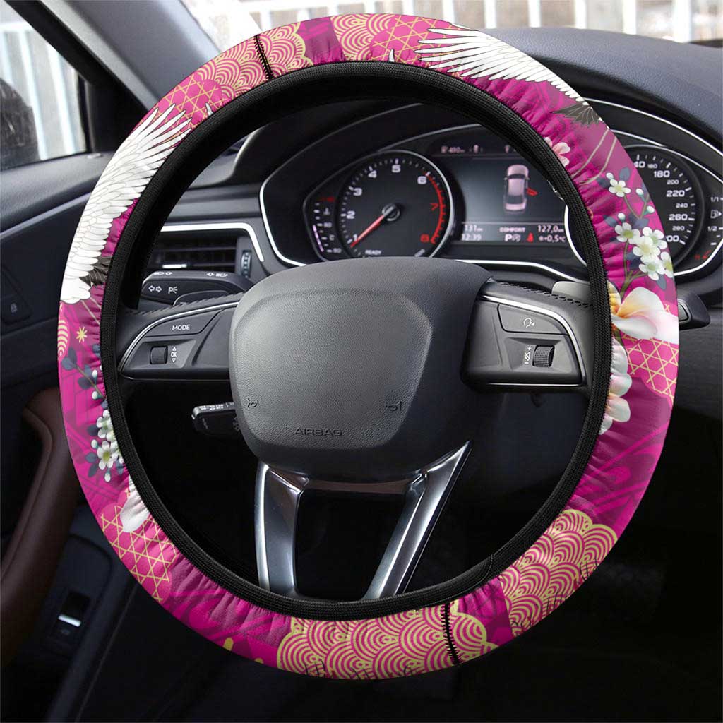 Hawaiian and Japanese Culture Together Steering Wheel Cover Pink Ohia Lehua Plumeria and Sakura Blooming - Polynesian Pride
