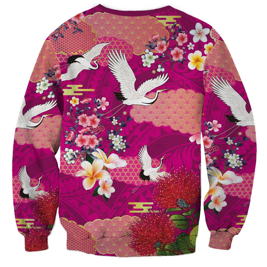 Hawaiian and Japanese Culture Together Sweatshirt Pink Ohia Lehua Plumeria and Sakura Blooming - Polynesian Pride