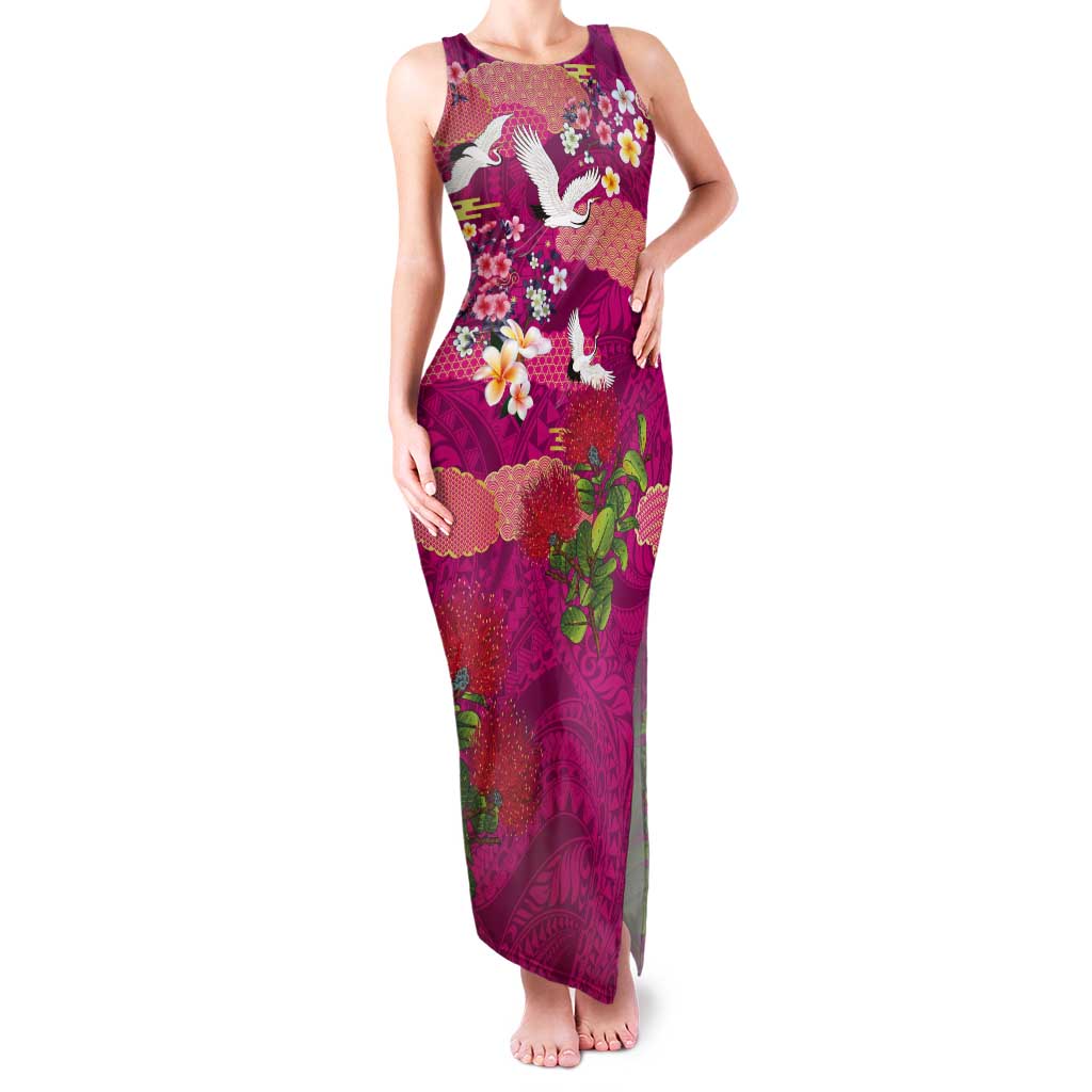 Hawaiian and Japanese Culture Together Tank Maxi Dress Pink Ohia Lehua Plumeria and Sakura Blooming - Polynesian Pride