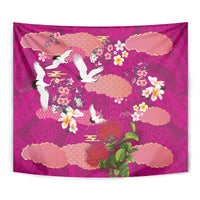 Hawaiian and Japanese Culture Together Tapestry Pink Ohia Lehua Plumeria and Sakura Blooming - Polynesian Pride