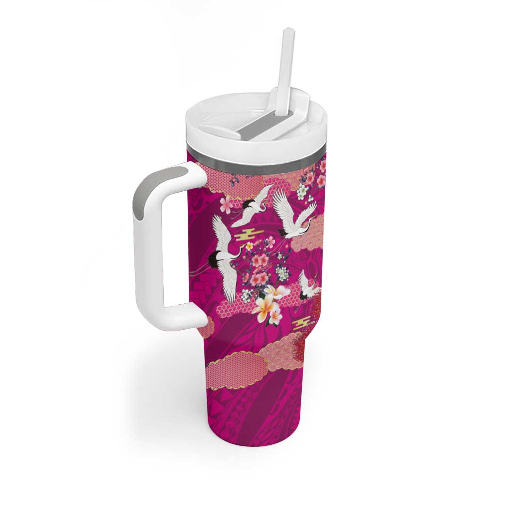 Hawaiian and Japanese Culture Together Tumbler With Handle Pink Ohia Lehua Plumeria and Sakura Blooming - Polynesian Pride