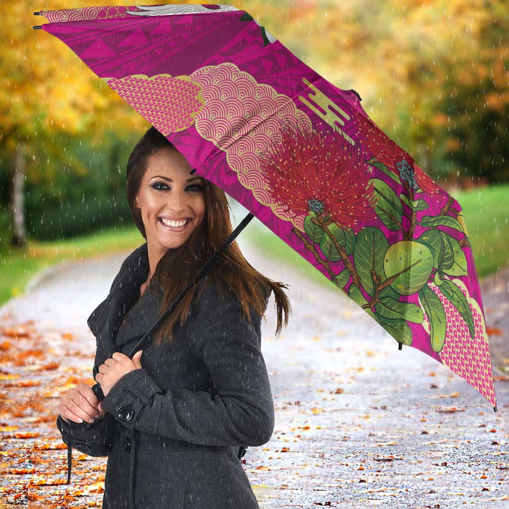 Hawaiian and Japanese Culture Together Umbrella Pink Ohia Lehua Plumeria and Sakura Blooming - Polynesian Pride