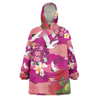 Hawaiian and Japanese Culture Together Wearable Blanket Hoodie Pink Ohia Lehua Plumeria and Sakura Blooming LT03 One Size Pink - Polynesian Pride