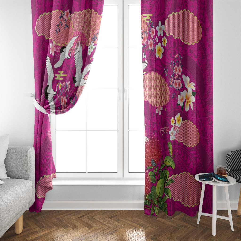 Hawaiian and Japanese Culture Together Window Curtain Pink Ohia Lehua Plumeria and Sakura Blooming - Polynesian Pride