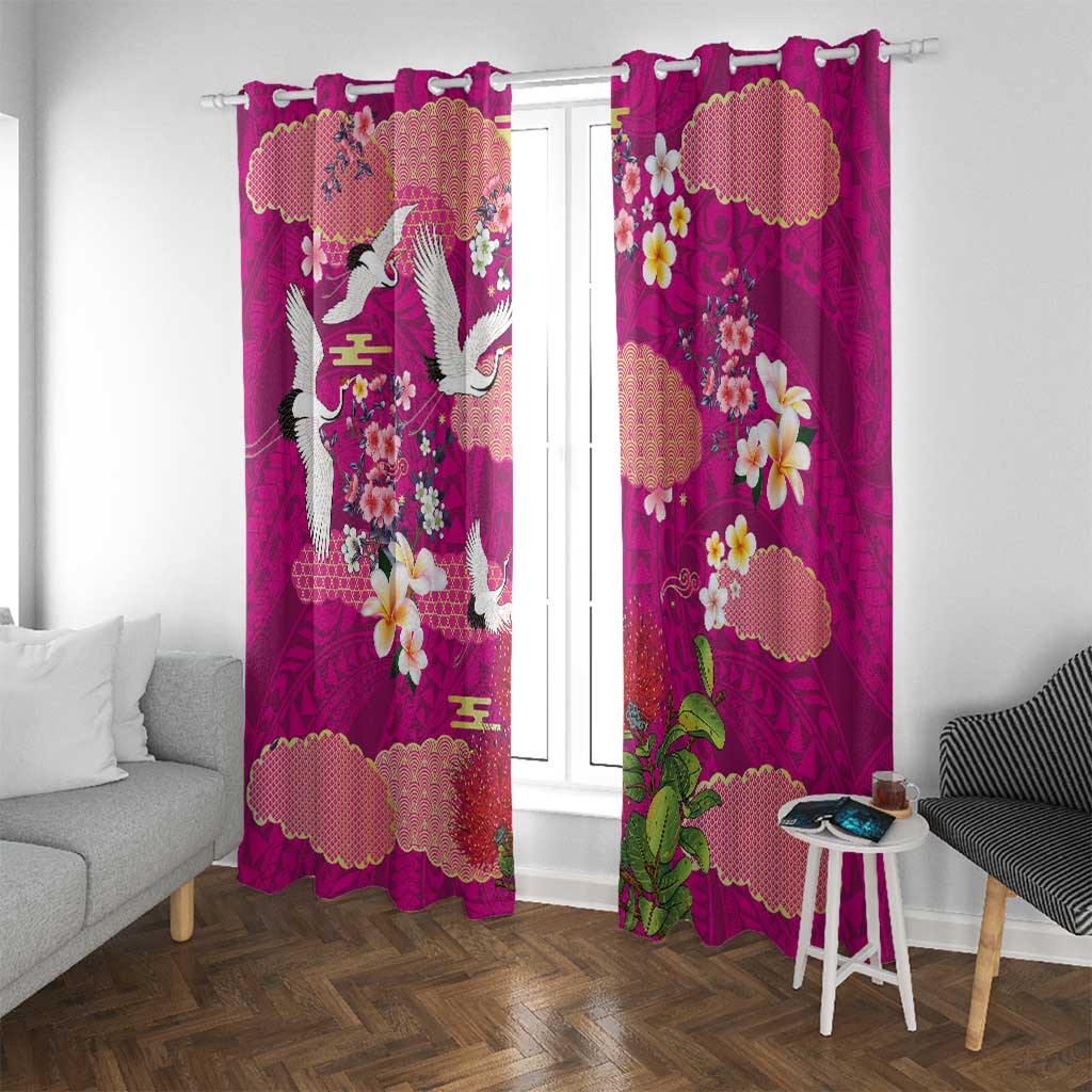 Hawaiian and Japanese Culture Together Window Curtain Pink Ohia Lehua Plumeria and Sakura Blooming - Polynesian Pride