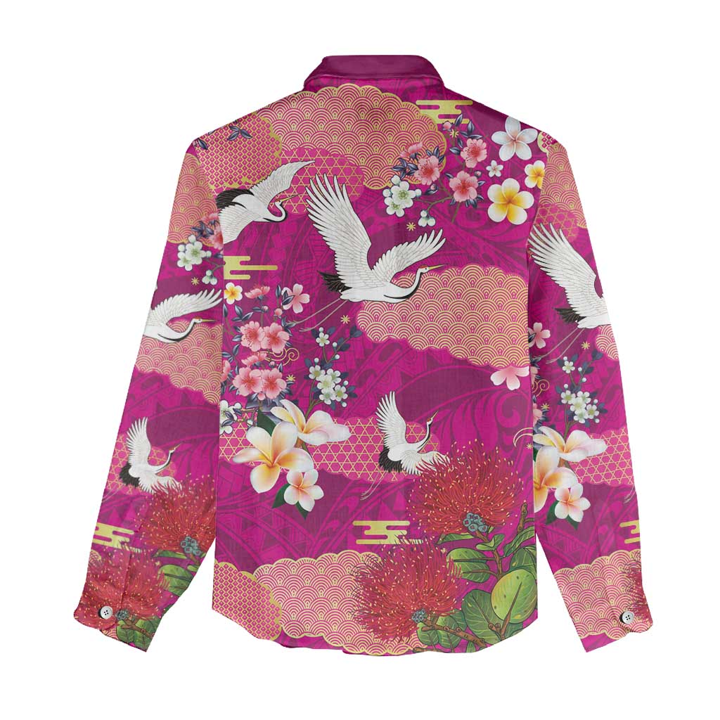Hawaiian and Japanese Culture Together Women Casual Shirt Pink Ohia Lehua Plumeria and Sakura Blooming LT03 - Polynesian Pride