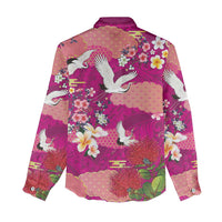 Hawaiian and Japanese Culture Together Women Casual Shirt Pink Ohia Lehua Plumeria and Sakura Blooming LT03 - Polynesian Pride
