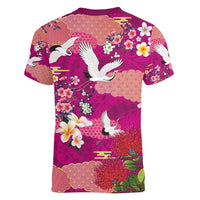 Hawaiian and Japanese Culture Together Women V-Neck T-Shirt Pink Ohia Lehua Plumeria and Sakura Blooming - Polynesian Pride