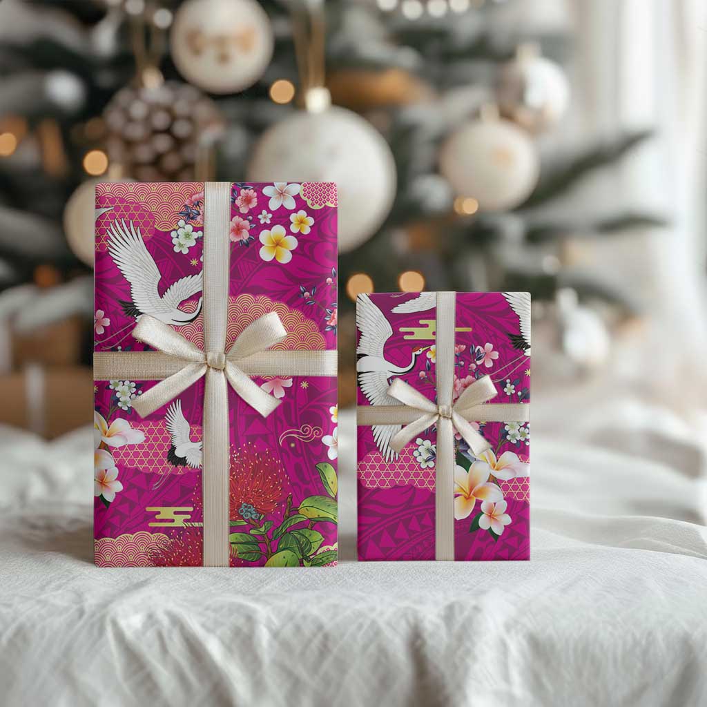 Hawaiian and Japanese Culture Together Wrapping Paper Pink Ohia Lehua Plumeria and Sakura Blooming LT03 - Polynesian Pride