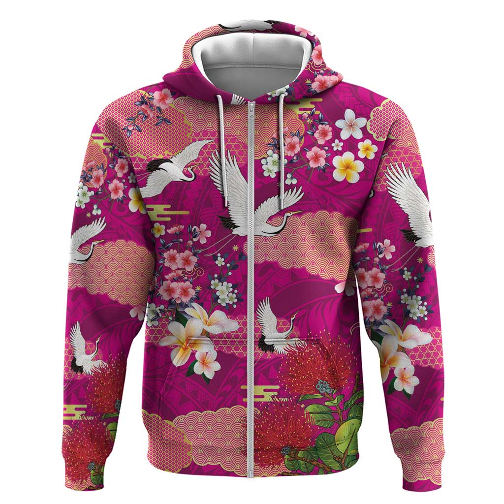 Hawaiian and Japanese Culture Together Zip Hoodie Pink Ohia Lehua Plumeria and Sakura Blooming - Polynesian Pride