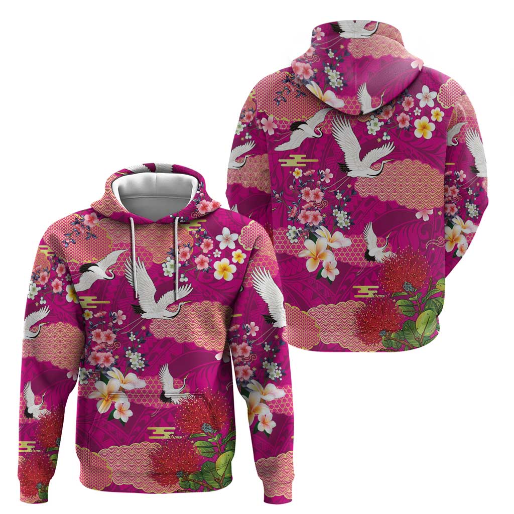Hawaiian and Japanese Culture Together Zip Hoodie Pink Ohia Lehua Plumeria and Sakura Blooming - Polynesian Pride