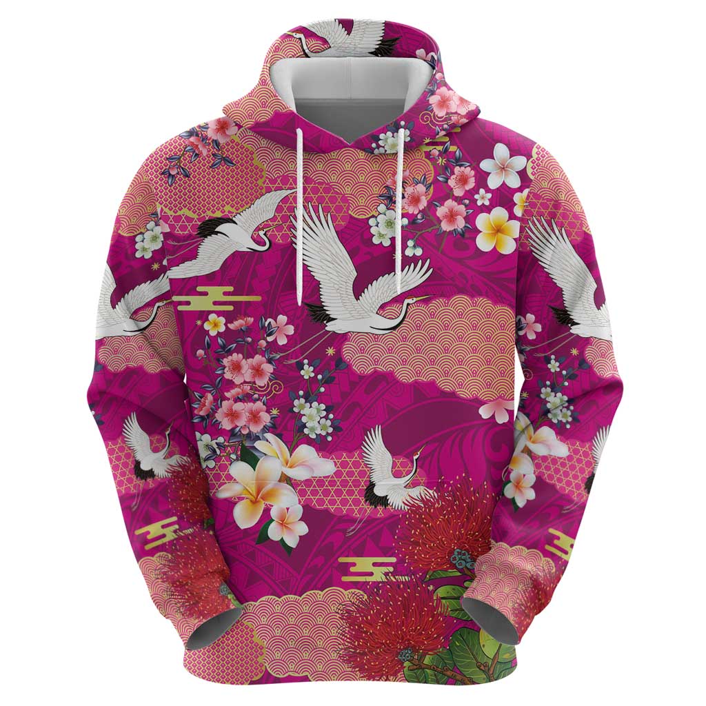 Hawaiian and Japanese Culture Together Zip Hoodie Pink Ohia Lehua Plumeria and Sakura Blooming - Polynesian Pride