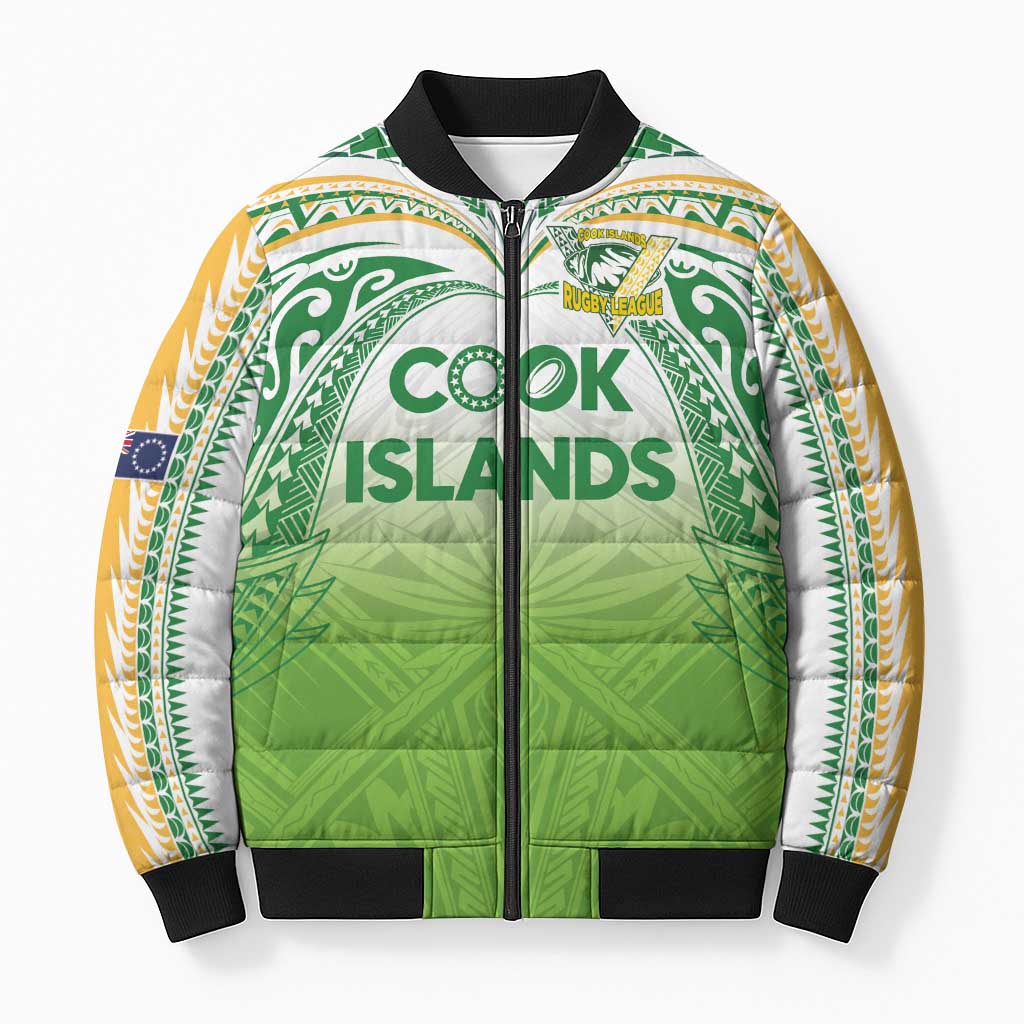 Custom Cook Islands Rugby League Bomber Puffer Jacket Tatau Tribal Motifs-Light Green Color - Polynesian Pride