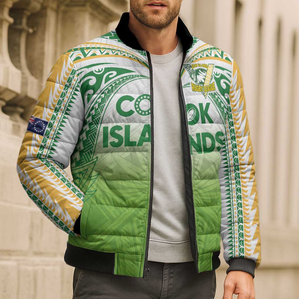 Custom Cook Islands Rugby League Bomber Puffer Jacket Tatau Tribal Motifs-Light Green Color - Polynesian Pride