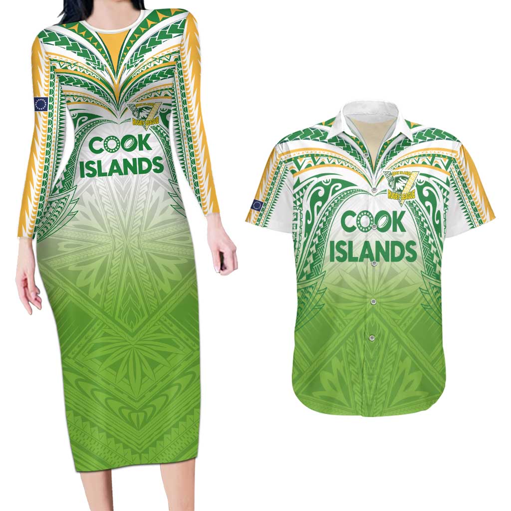 Custom Cook Islands Rugby League Couples Matching Long Sleeve Bodycon Dress and Hawaiian Shirt Tatau Tribal Motifs-Light Green Color - Polynesian Pride