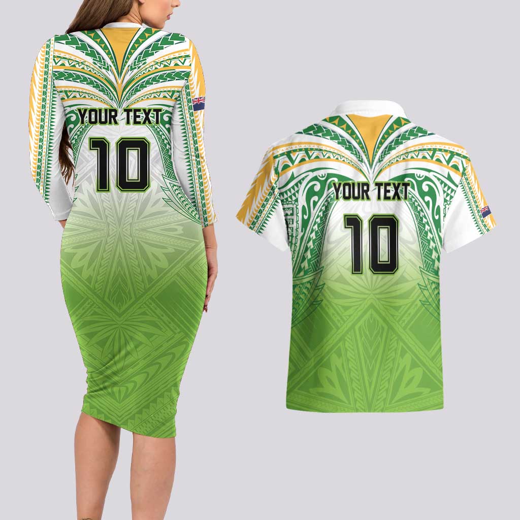 Custom Cook Islands Rugby League Couples Matching Long Sleeve Bodycon Dress and Hawaiian Shirt Tatau Tribal Motifs-Light Green Color - Polynesian Pride