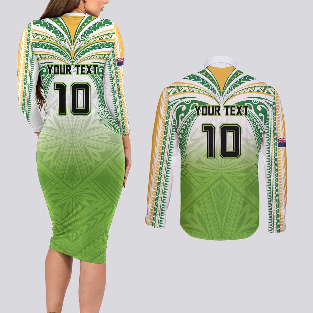 Custom Cook Islands Rugby League Couples Matching Long Sleeve Bodycon Dress and Long Sleeve Button Shirt Tatau Tribal Motifs-Light Green Color - Polynesian Pride