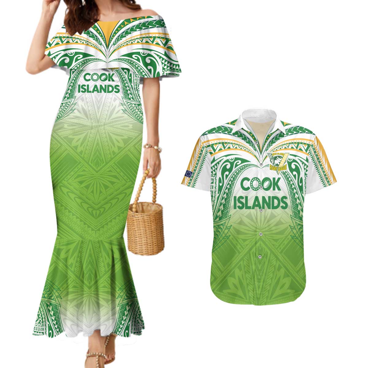 Custom Cook Islands Rugby League Couples Matching Mermaid Dress and Hawaiian Shirt Tatau Tribal Motifs-Light Green Color - Polynesian Pride