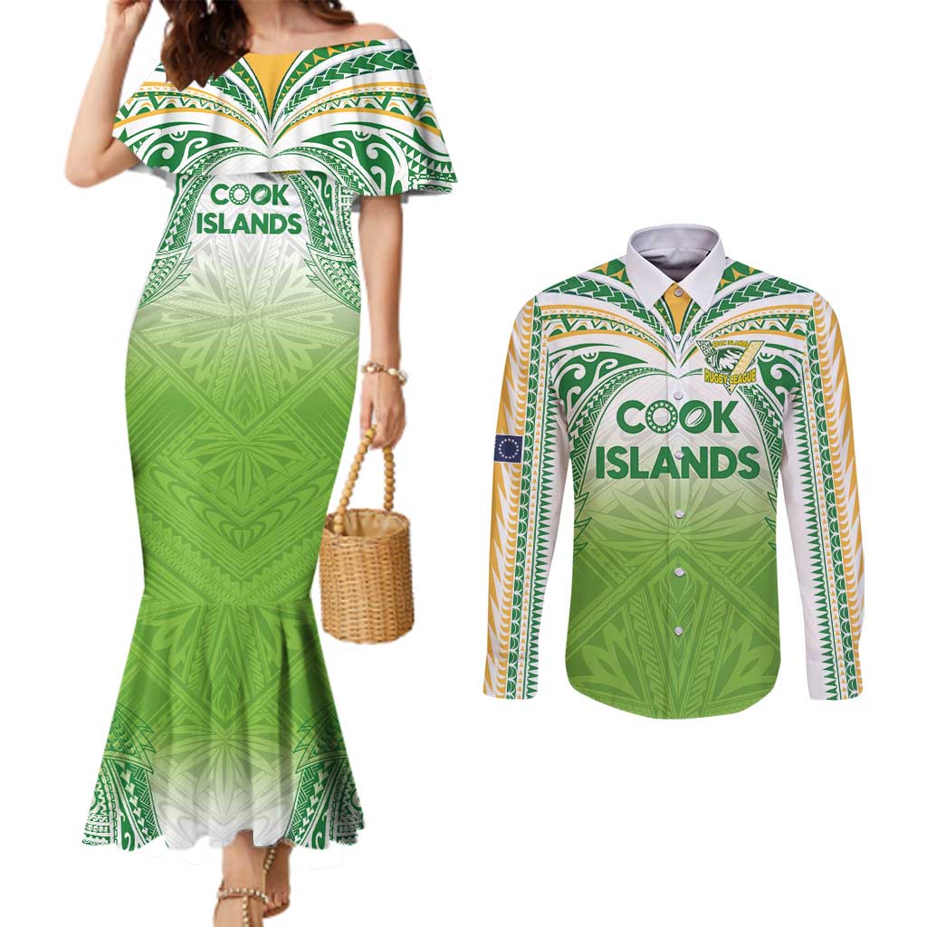 Custom Cook Islands Rugby League Couples Matching Mermaid Dress and Long Sleeve Button Shirt Tatau Tribal Motifs-Light Green Color - Polynesian Pride