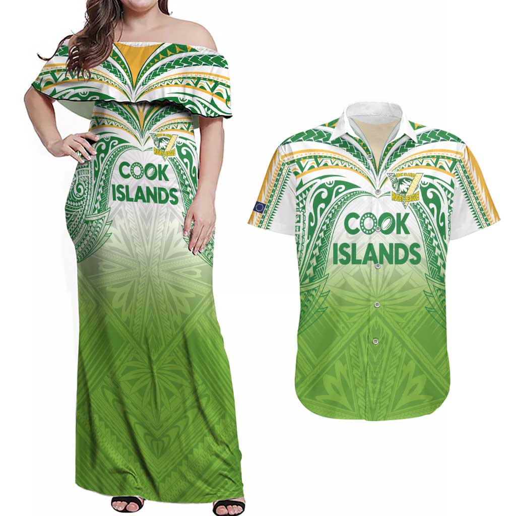 Custom Cook Islands Rugby League Couples Matching Off Shoulder Maxi Dress and Hawaiian Shirt Tatau Tribal Motifs-Light Green Color - Polynesian Pride